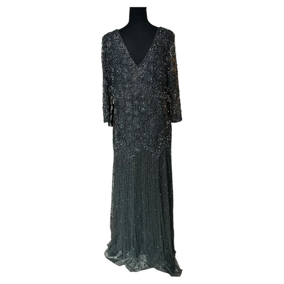 Pisarro Nights Beaded Art Deco Gown Gray Size 14 - Picture 3 of 13